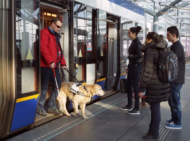 Man met geleidehond en stok stapt de trein uit