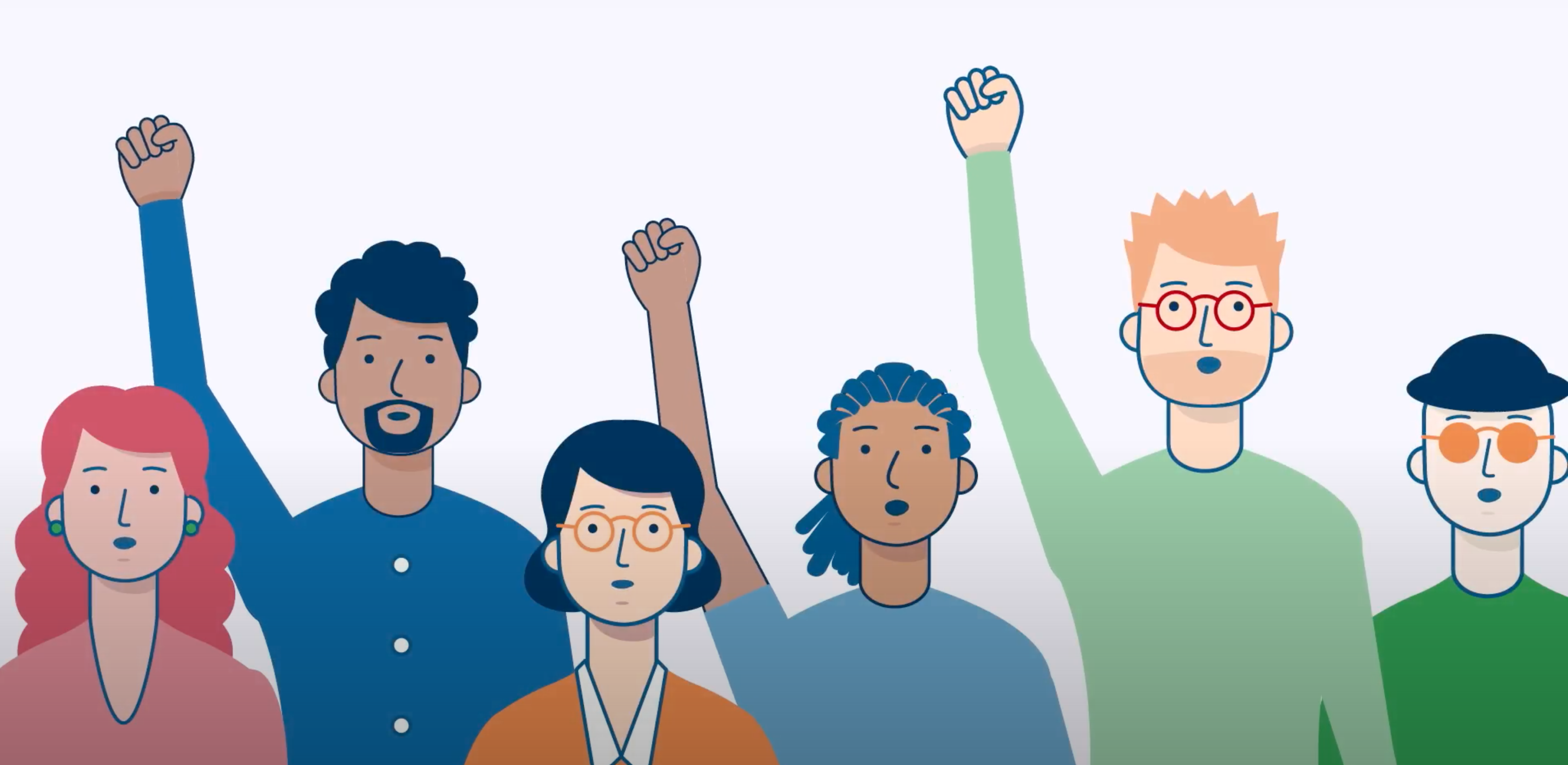 Tekening van 5 mannen en vrouwen met verschillende huidskleuren, sommigen steken hun hand in de lucht