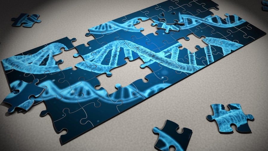 Puzzel van DNA waar enkele stukjes nog ontbreken