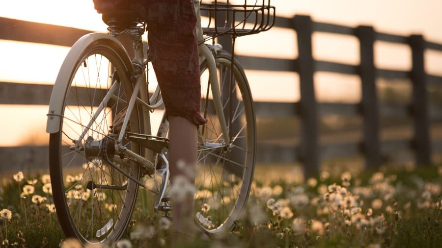 Persoon op fiets in gras met bloemetjes en hek ernaast