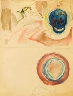 Munch ligt in bed met een zwarte doodskop en een abstract oog met bloeding eronder