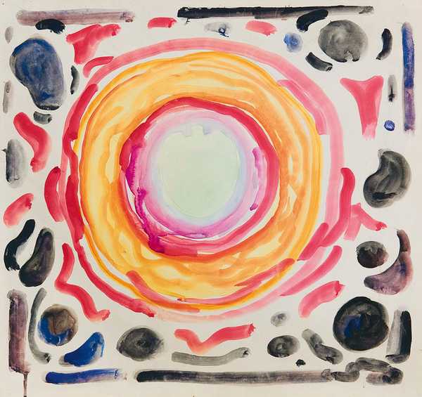 kunstwerk met roze en gele cirkel en abstracte vormen daar omheen