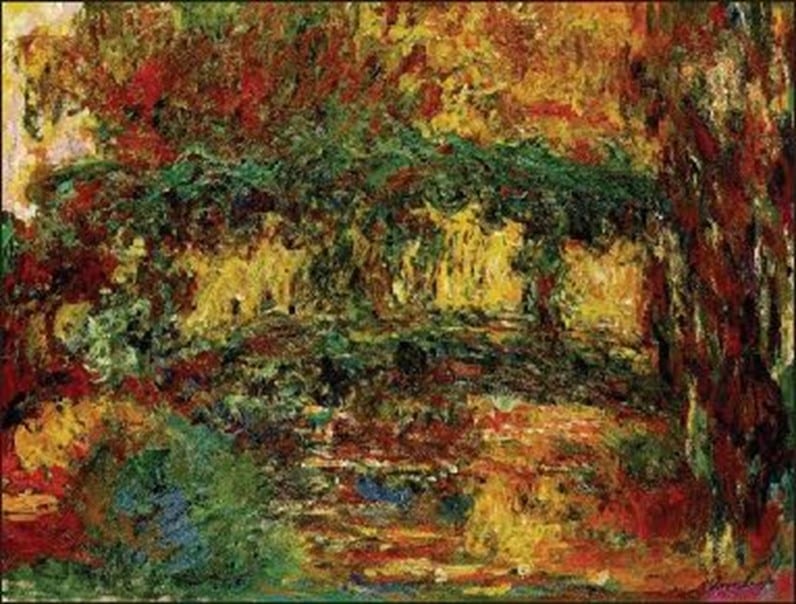 Versie schilderij Monet van waterlelies met bruggetje, terwijl hij aan staar leed
