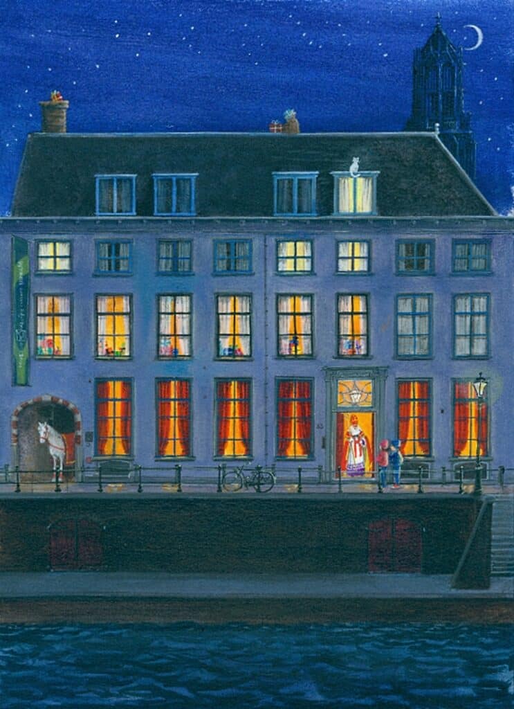 tekening van een utrechts grachtendpand met sinterklaar in het portiek met de domtoren op de achtergrond
