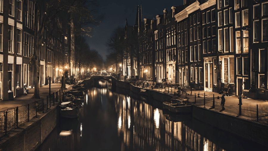 een donkere straat bij nacht met weinig licht, in de schaduw dobberen bootjes verlaten in de gracht