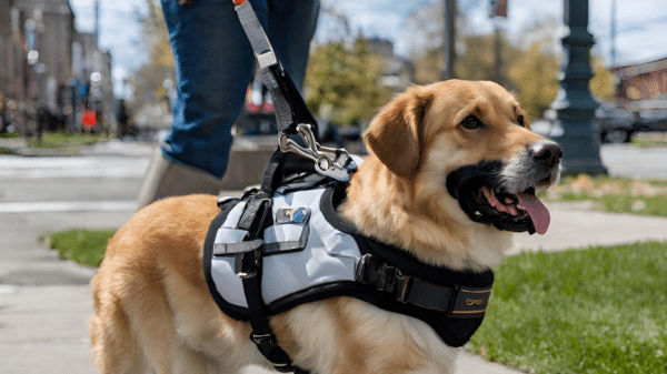 een geleidehond met een harnasje om