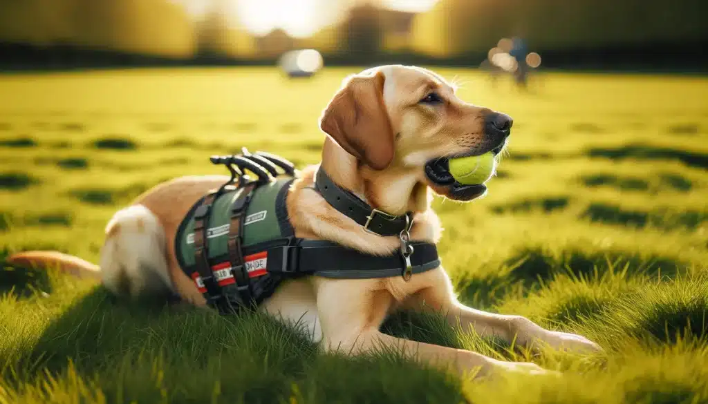een geleidehond ligt in een grasveld met een tuigje om en een tennisbal in zijn bek
