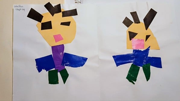 Een knutselwerk van Stefan op de basisschool, een poppetje heeft een paars lijf en de ander een blauw lijf