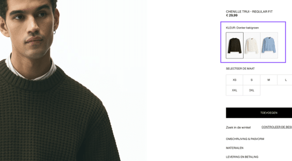 Een schermafbeelding van een webshop met een groene trui. De kleur staat als tekst beschreven bij het artikel.