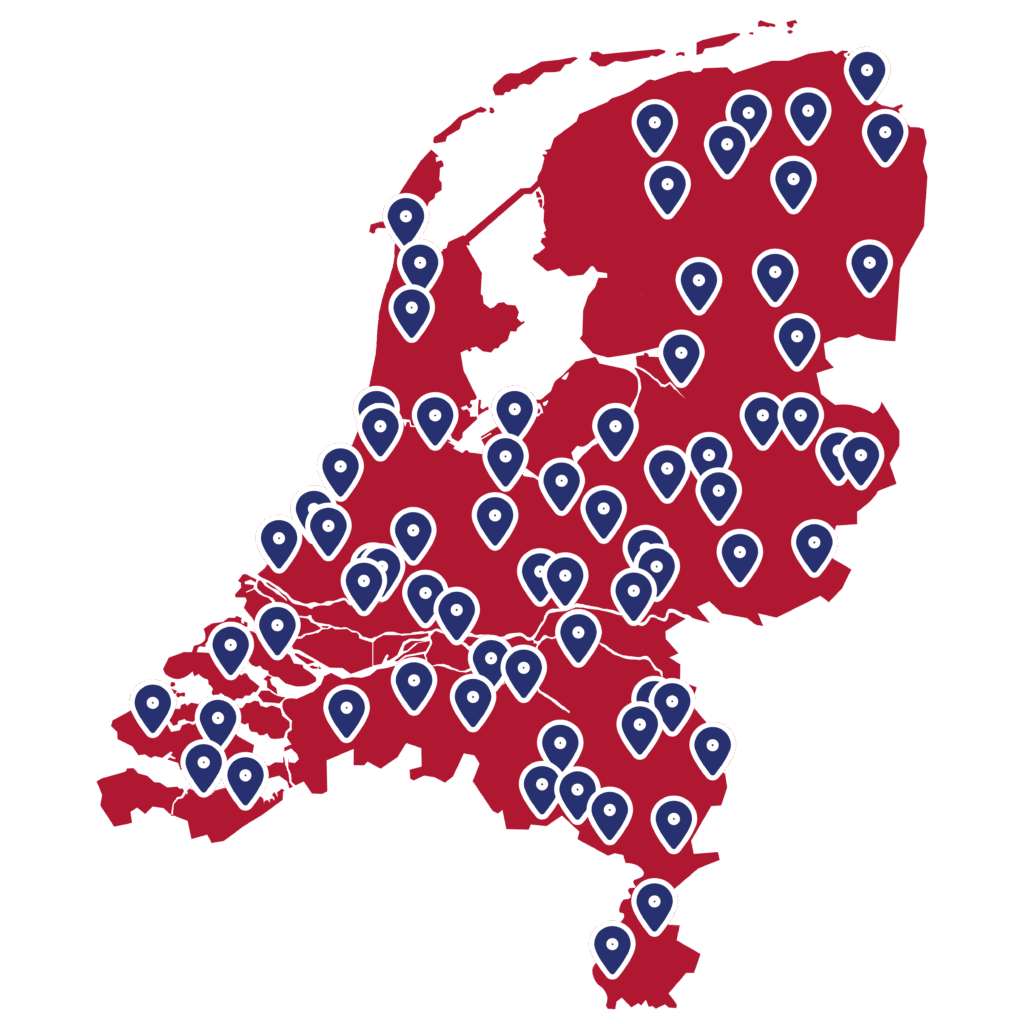 een kaart van Nederland met icoontjes die alle Oogcafélocaties aanduiden. Ze zijn verspreid over alle twaalf provincies