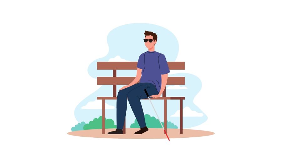 illustratie van een man met taststok, hij zit alleen op een bankje