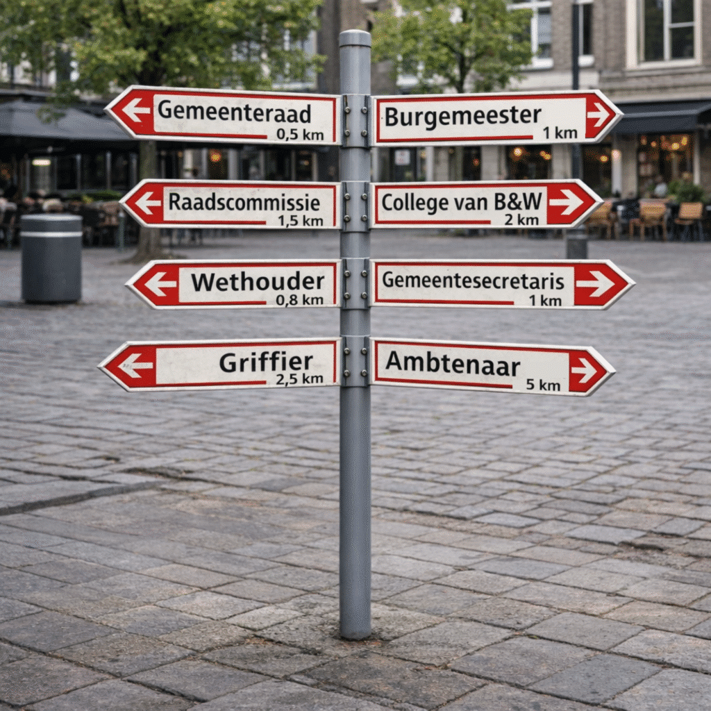 een wegwijzer op een plein wijst allerlei kanten op, op de bordjes staan verschillende soorten ambtenaren