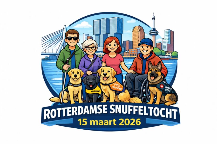 illustratie van vier baasjes en hun honden voor de skyline van rotterdam