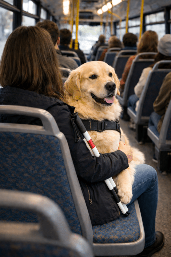 Vrouw met geleidehond in bus