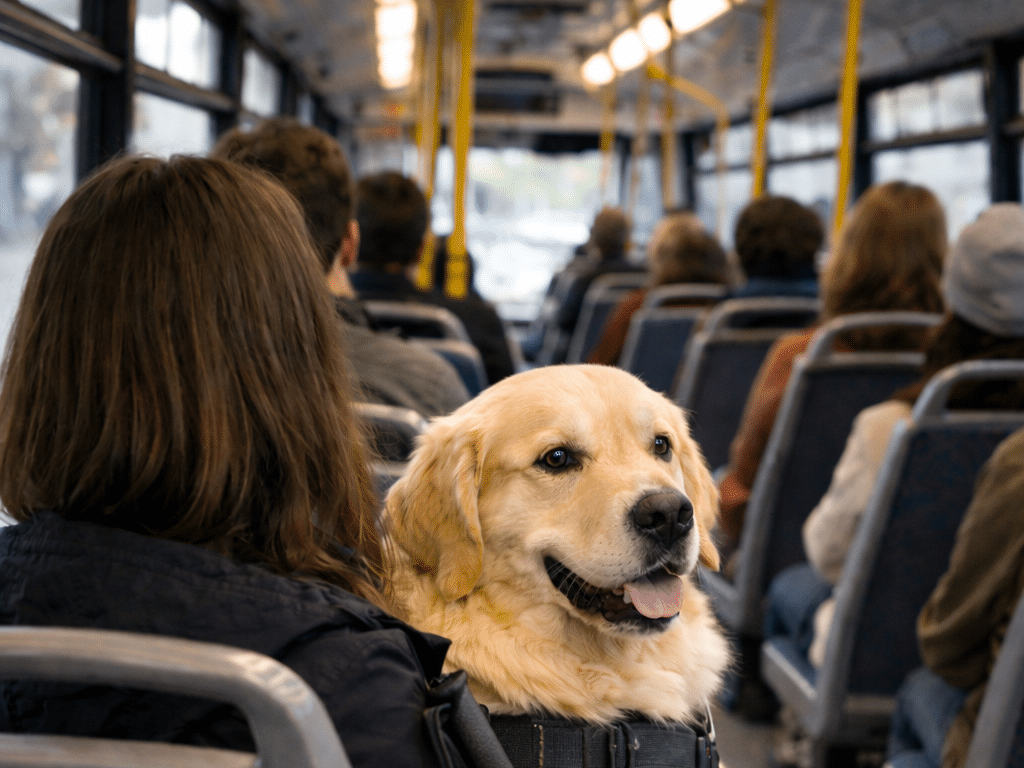 Vrouw met geleidehond in bus
